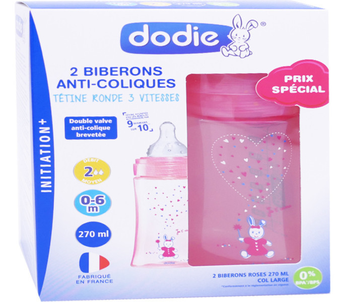 Dodie Biberon Anti-Colique Initiation+ 270ml Col Large Débit 2, 0-6 mois,  lot de 2 Biberons Bleu