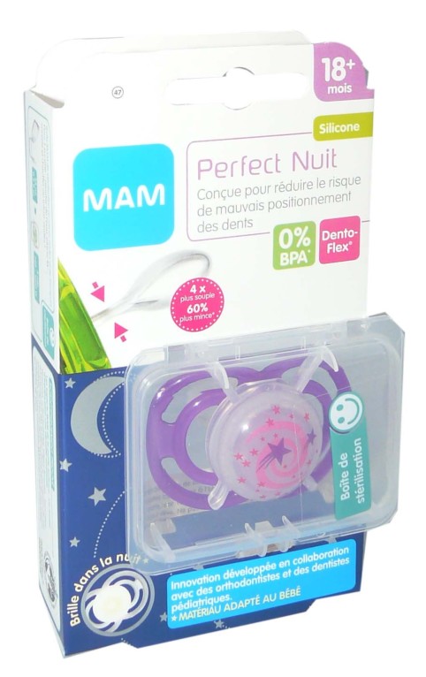 Mam Sucette Perfect Nuit 18+ mois Silicone Boîte de Stérilisation x2