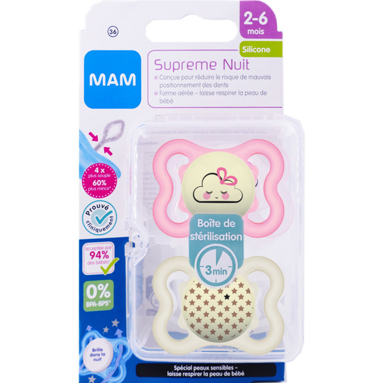 MAM Supreme Nuit 2 Sucettes Silicone 2-6 Mois